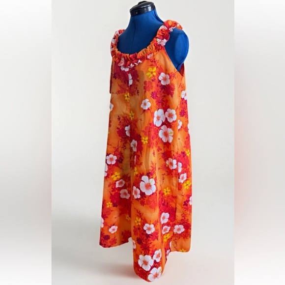 Vintage 70s Hukilau Paradise Hibiscus Floral Red Orange Ruffle Hawaiian Dress - Picture 4 of 10